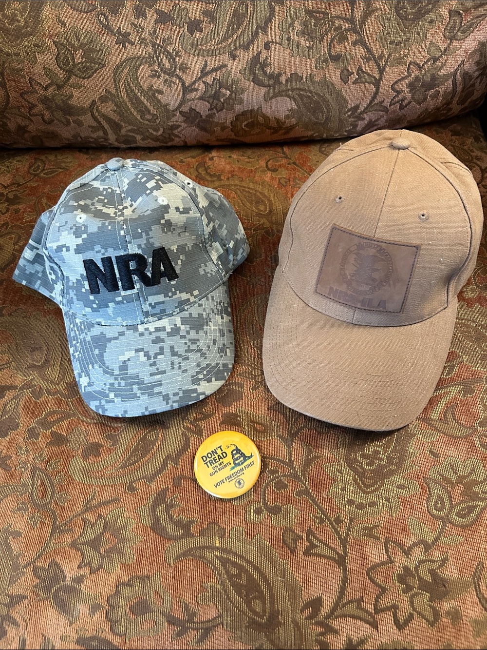 Lot of 2 NRA ILA Brown Canvas & Digital Camo Embroidered Patch Baseball Cap New